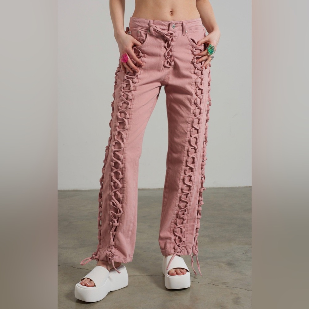The Ragged Priest Lace Up Pink Denim Jeans